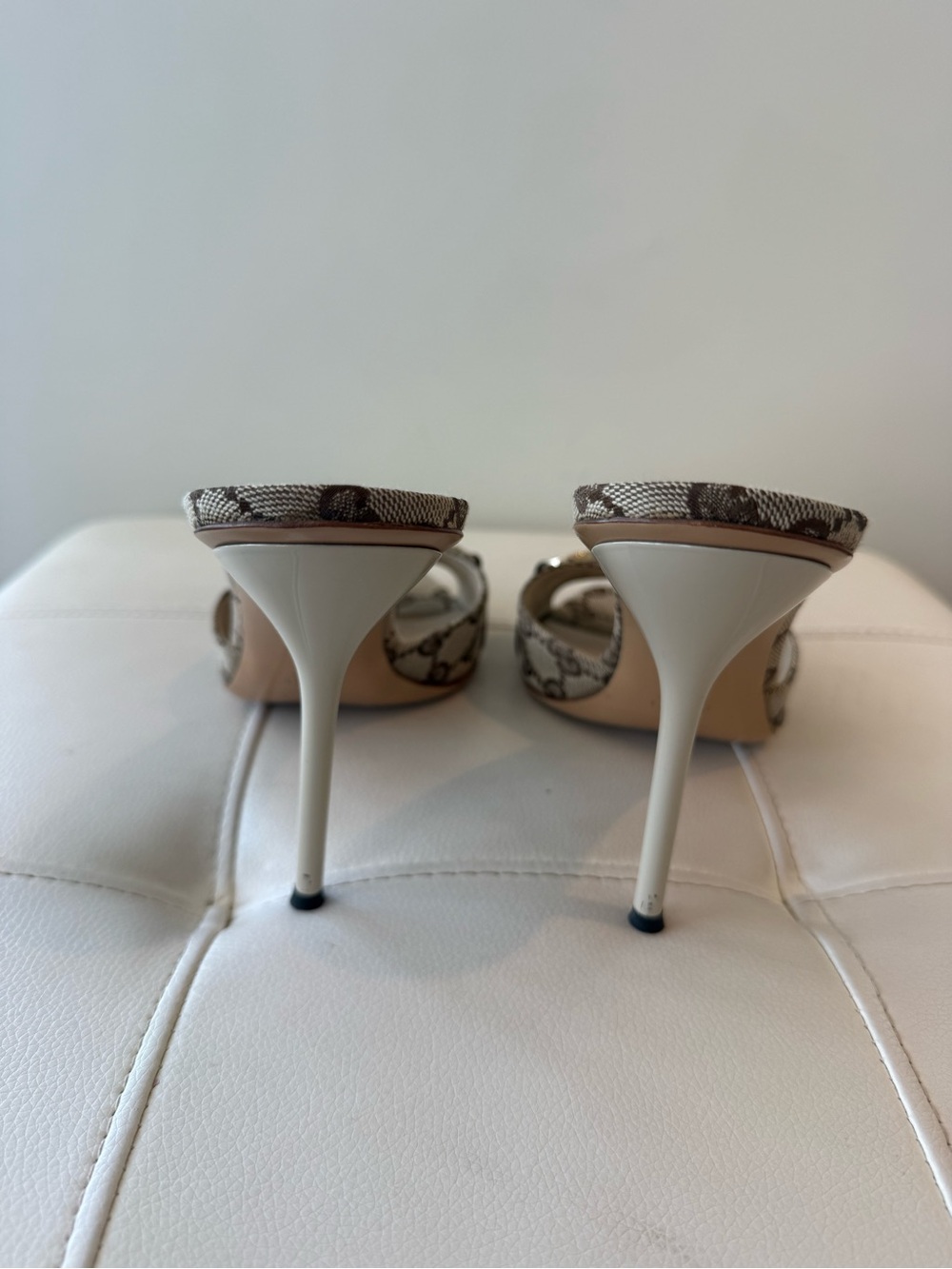 Gucci Beige Brown Monogram Horsebit Stiletto Mules - Picture 4 of 5